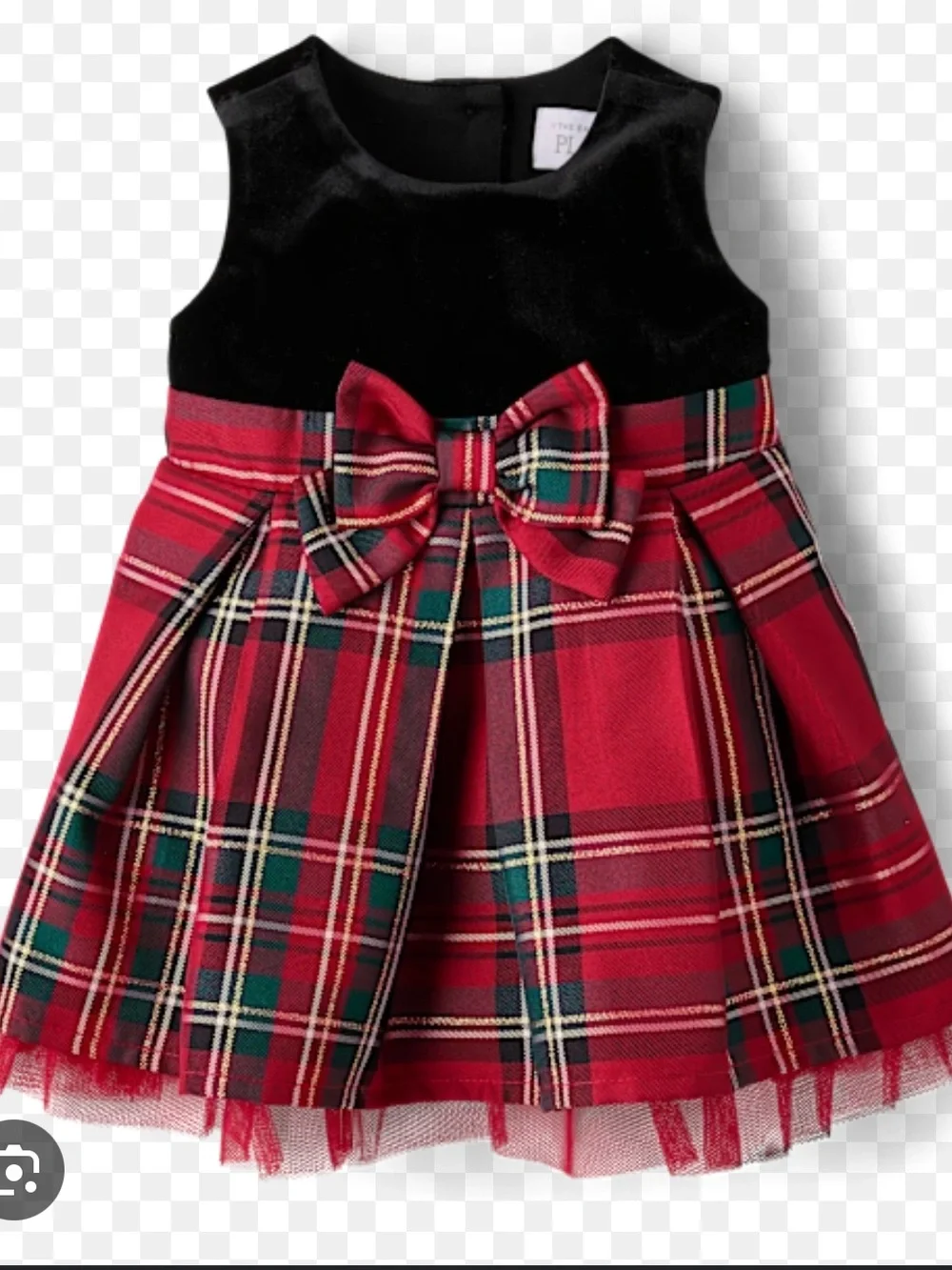 The Children's Place Black Velvet Top Red Plaid Bow-Front Holiday Dress